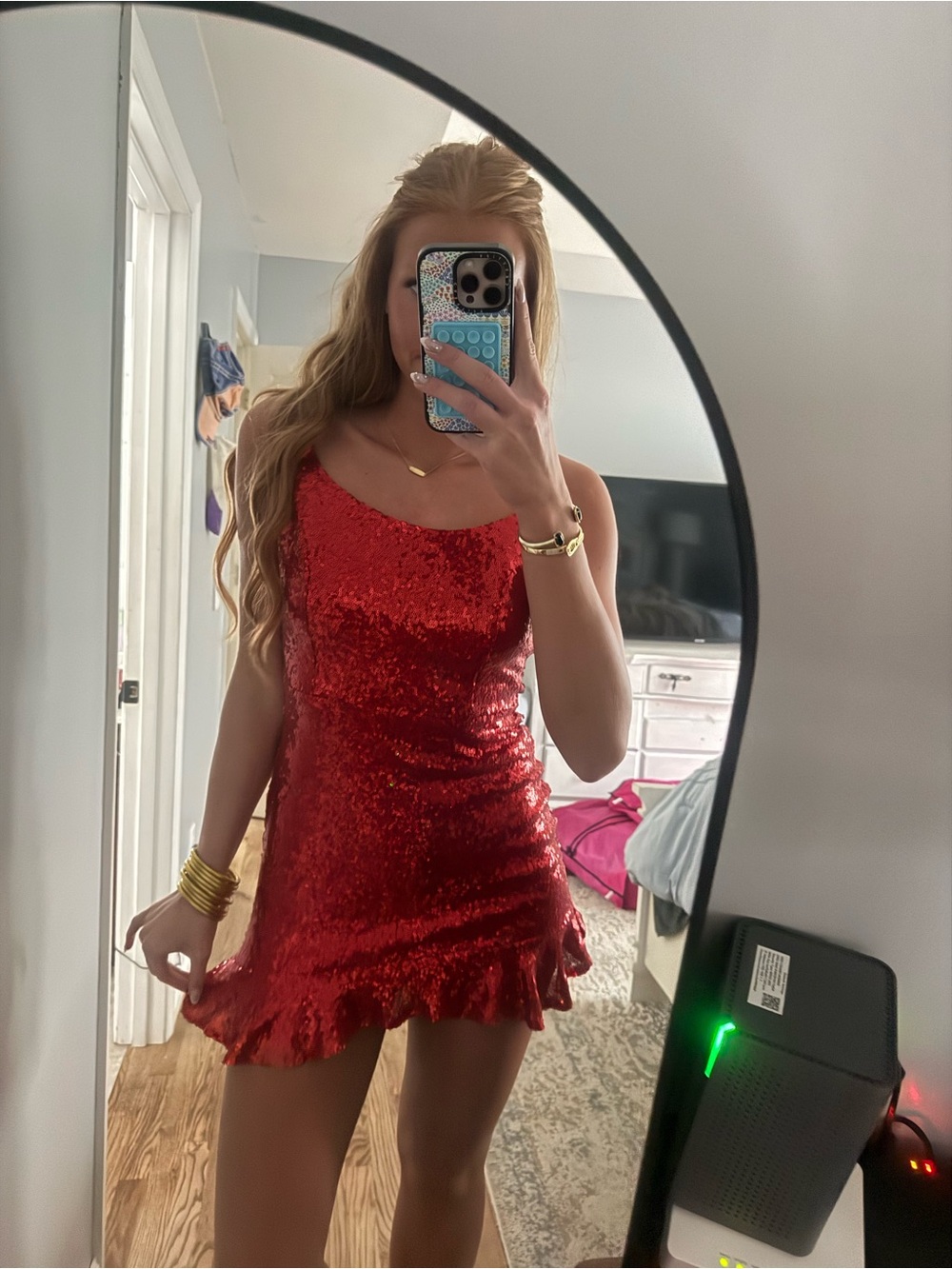 Red Sequin Mini Dress with Ruffle Hem
